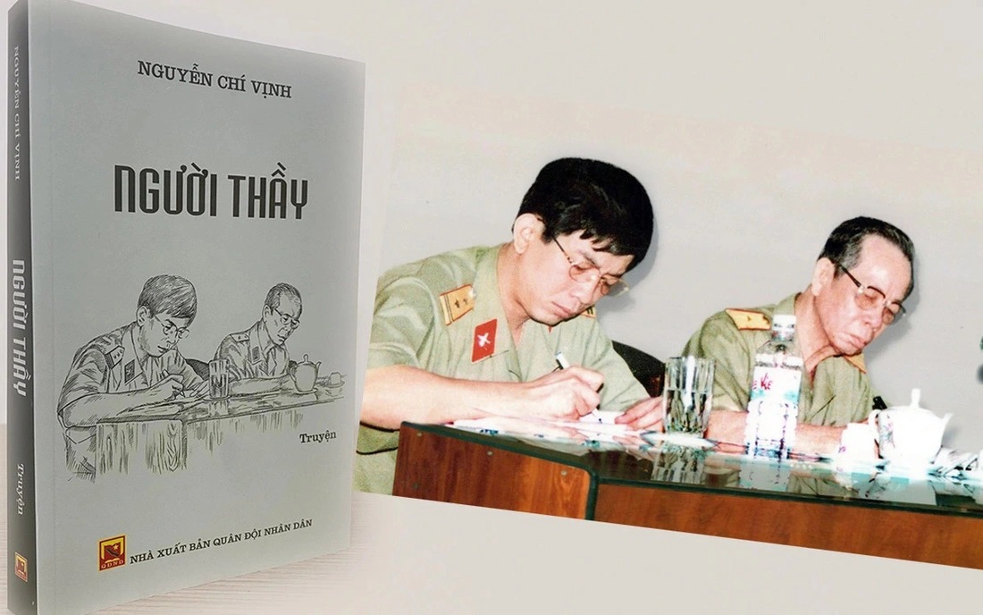 Cuốn sách Người thầy và tấm hình nhà tình báo Ba Quốc (bìa phải) và ông Nguyễn Chí Vịnh được vẽ lại làm bìa sách